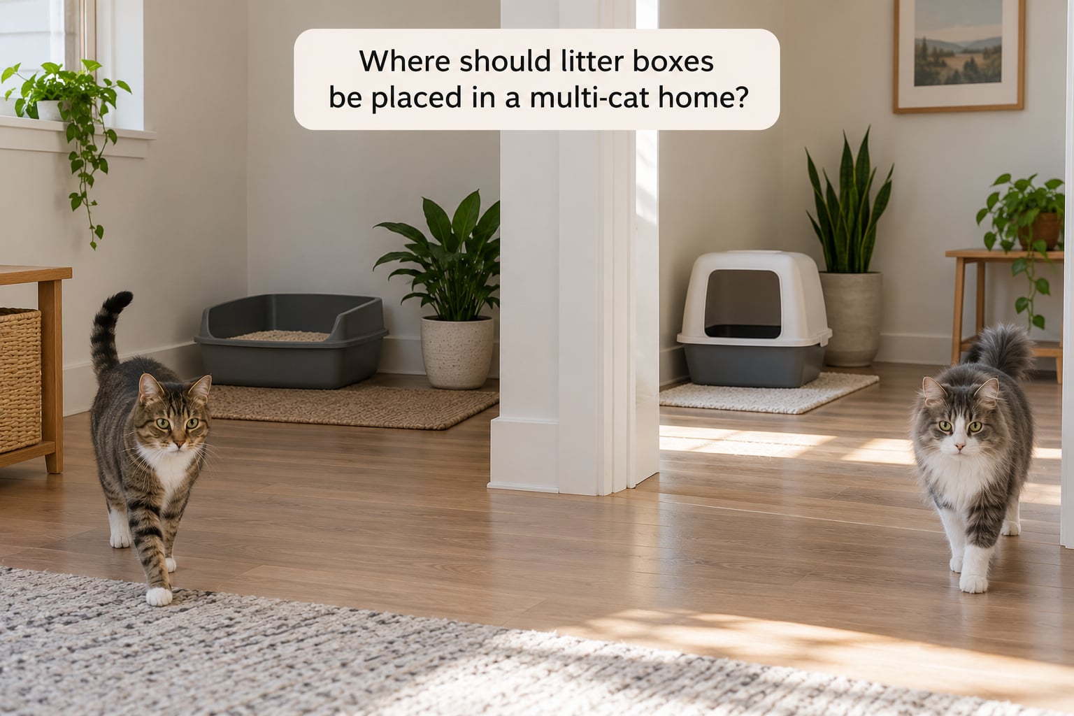 Where should litter boxes be placed in a multi-cat home?