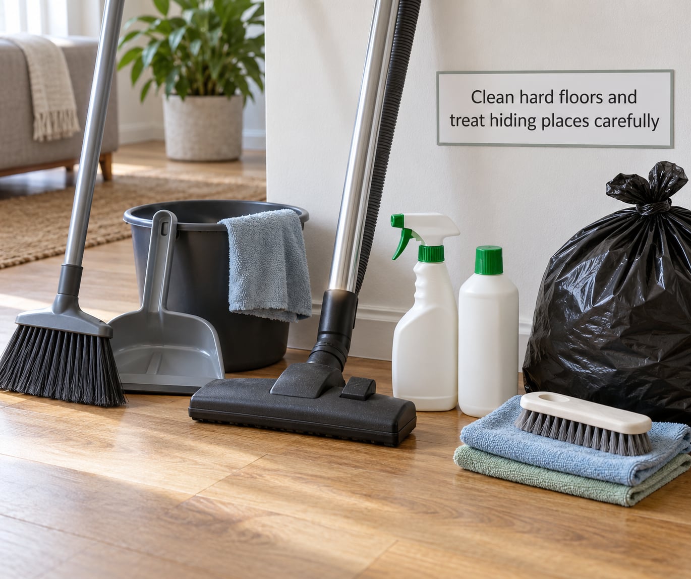Clean hard floors and treat hiding places carefully
