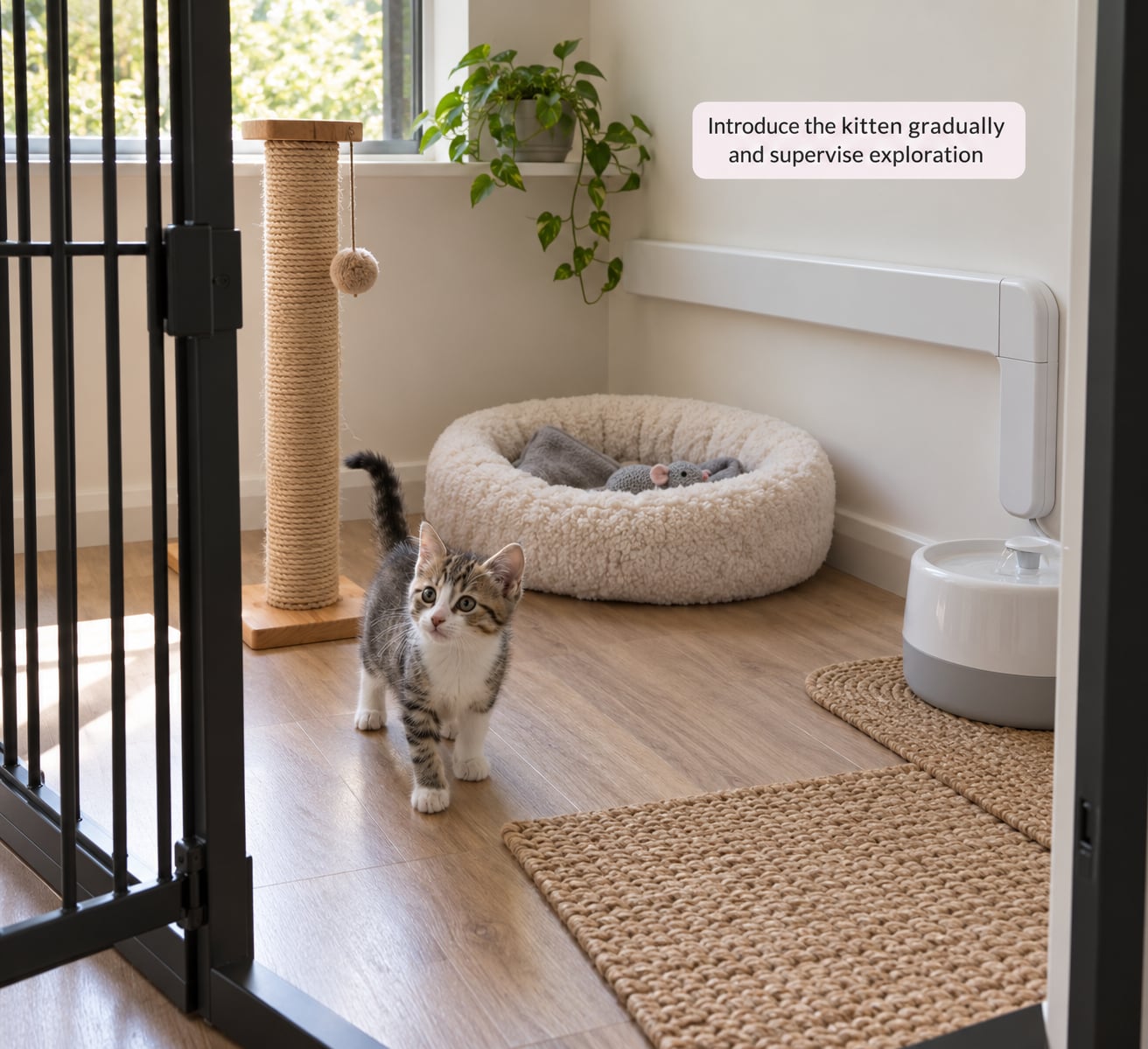 Introduce the kitten gradually and supervise exploration