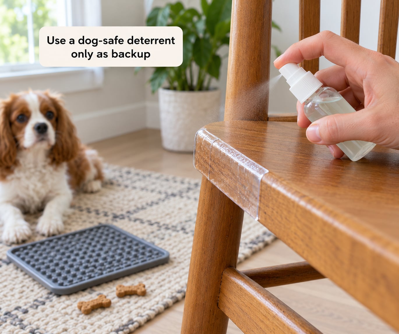 Use a dog-safe deterrent only as backup