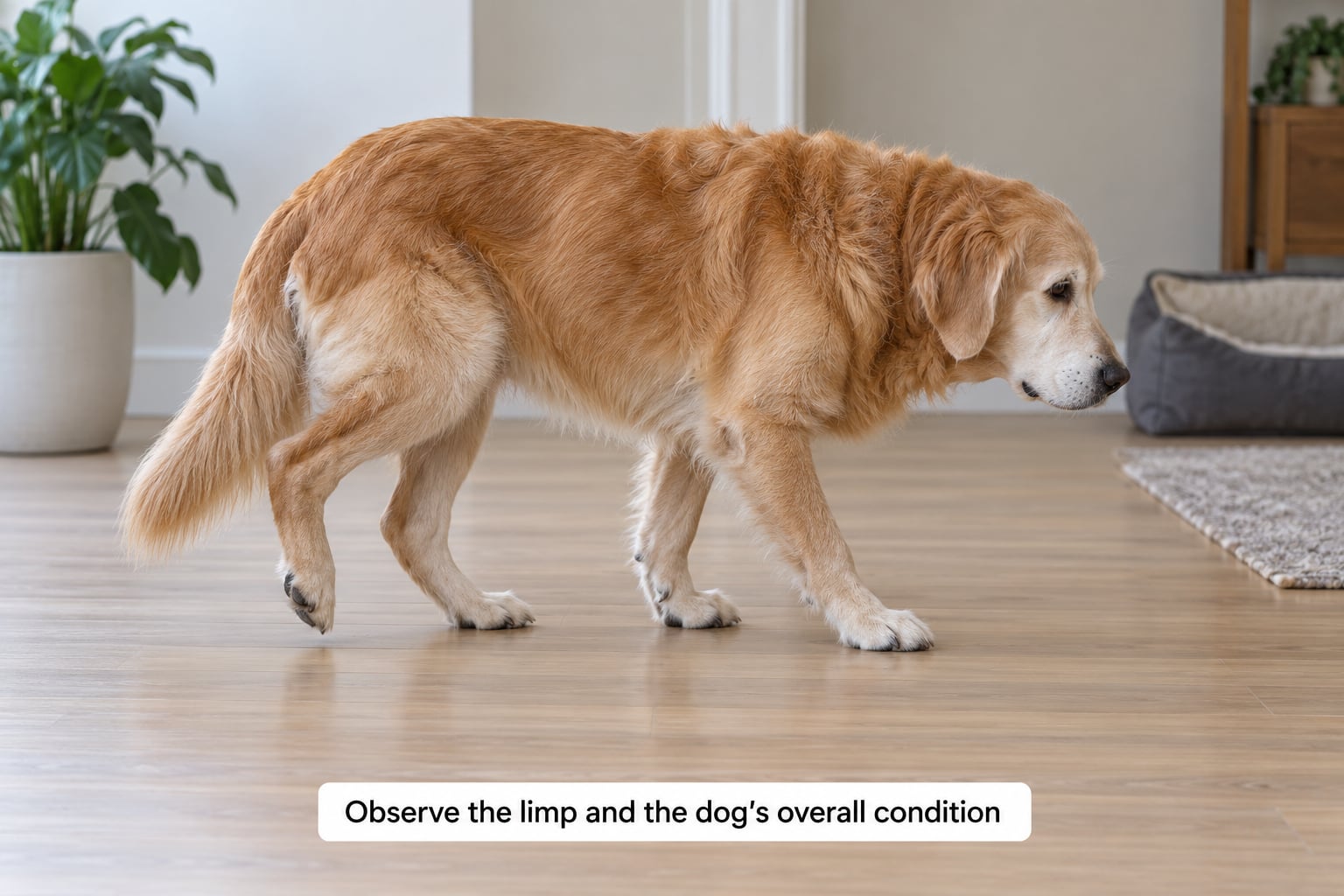 Observe the limp and the dog's overall condition