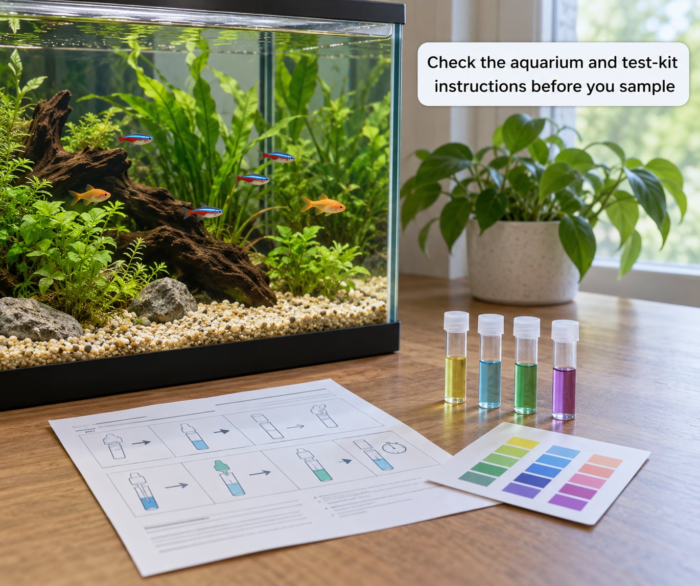 Check the aquarium and test-kit instructions before you sample