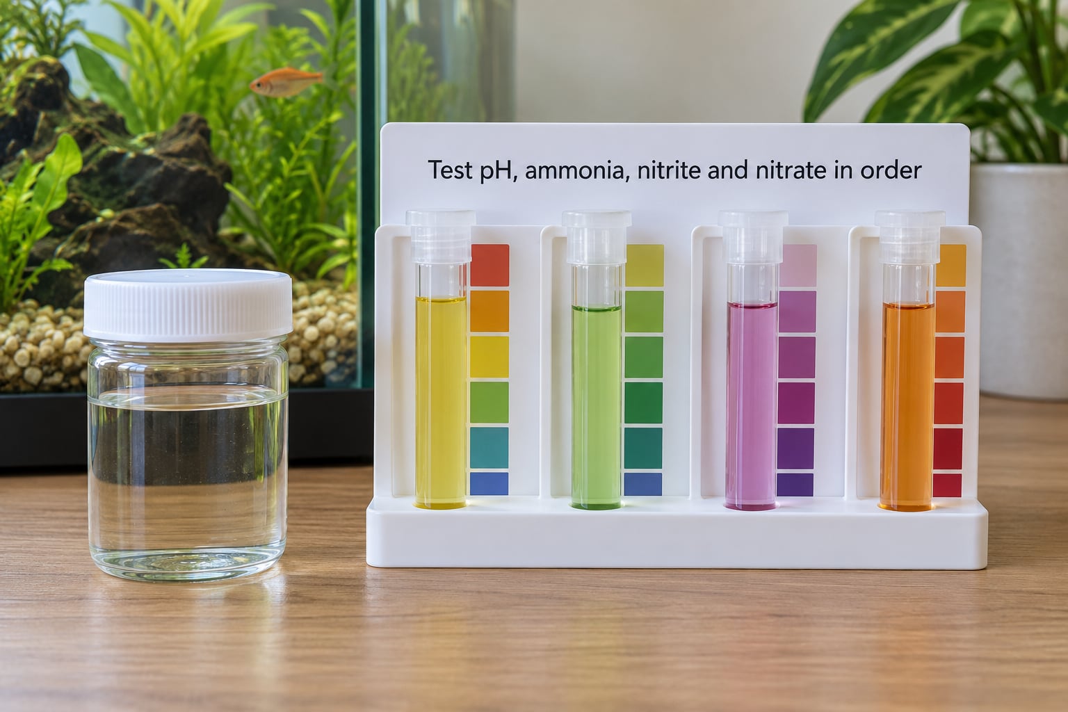 Test pH, ammonia, nitrite and nitrate in order