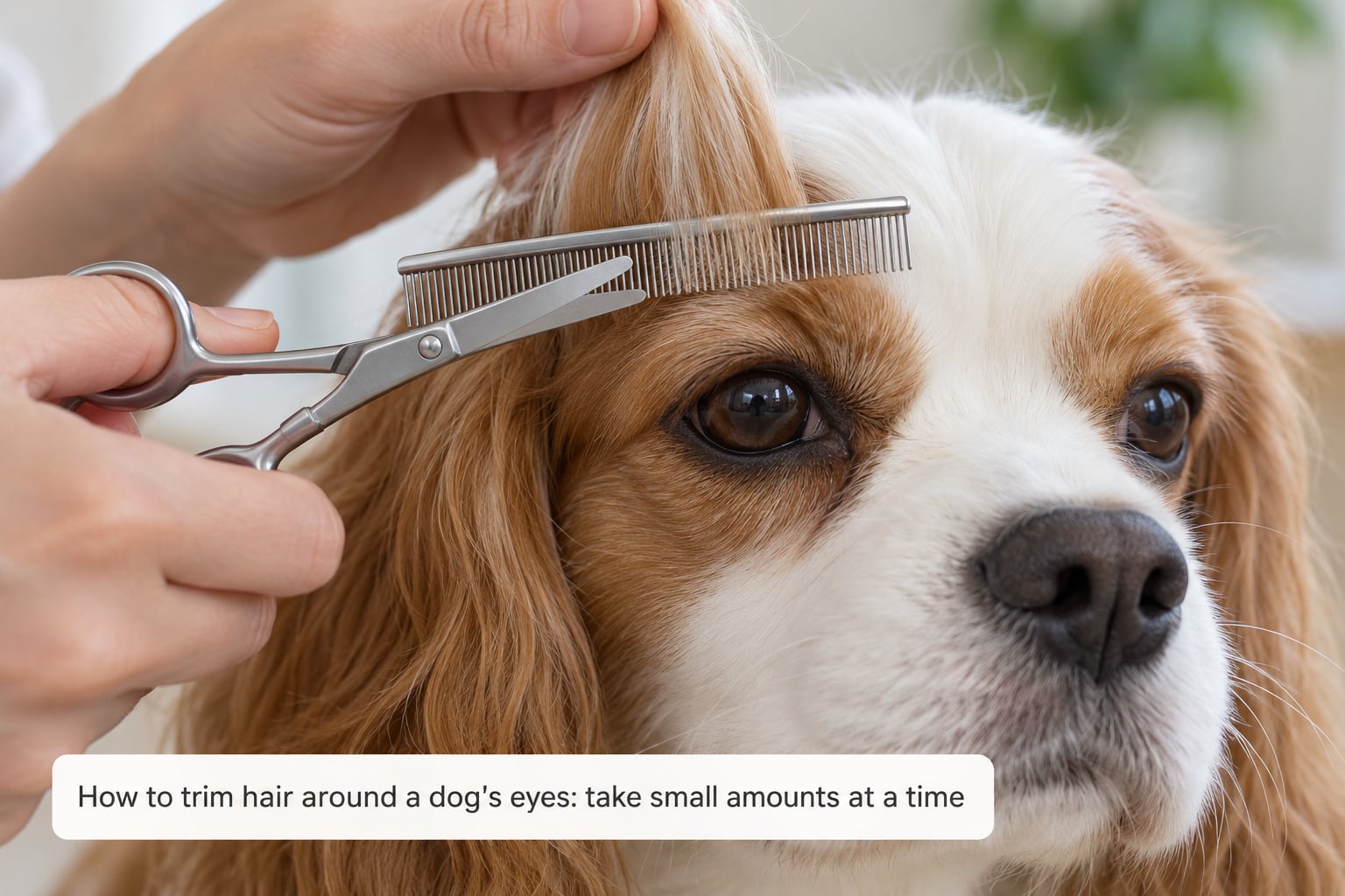 How to trim hair around a dog's eyes: take small amounts at a time